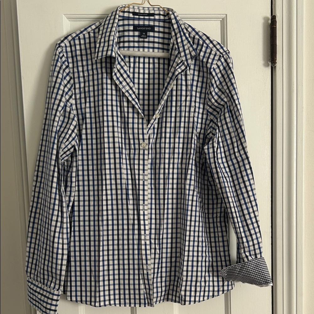 Lands' End Women's Blue and White Checkered Shirt